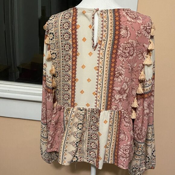 AE Boho Patterned Tassel Balloon Sleeve Peasant Peplum Top Sz M Festival Artsy - Picture 6 of 12
